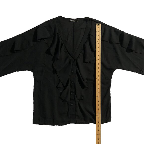 Chic Me Womens Size L Black V-Neck Wavy Edge Butterfly Long Sleeve Blouse - Picture 6 of 9